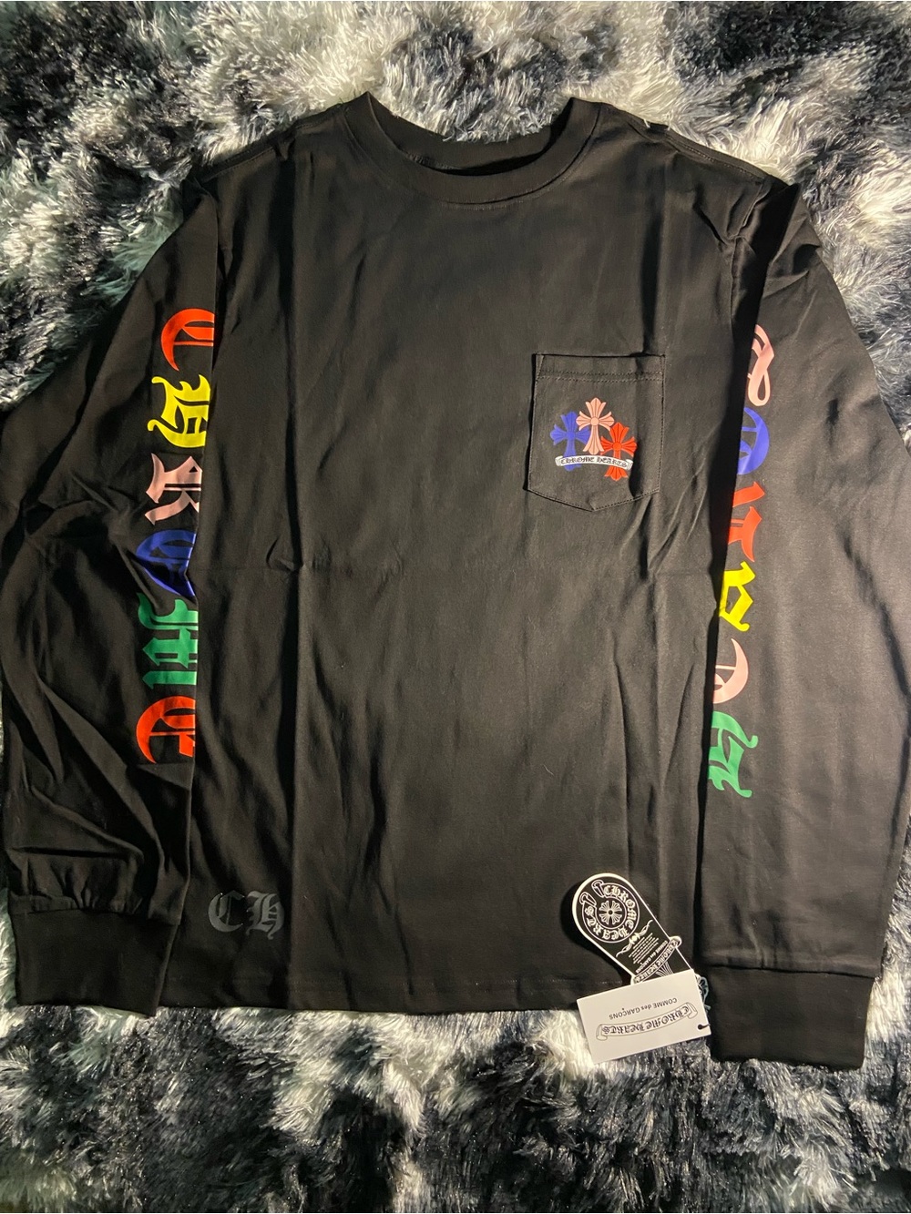 Chrome Hearts Black Long Sleeve Pocket Tee with Multicolor Sleeve Gothic Print